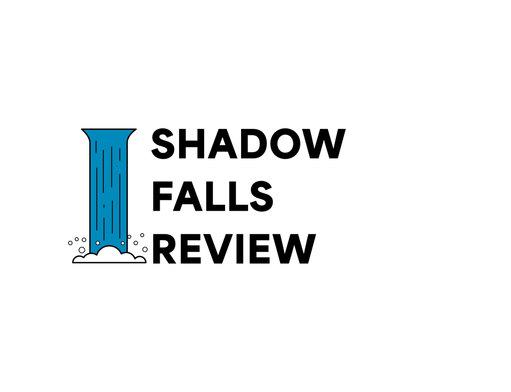 Illustration of a waterfall with the words "Shadow Falls Review"